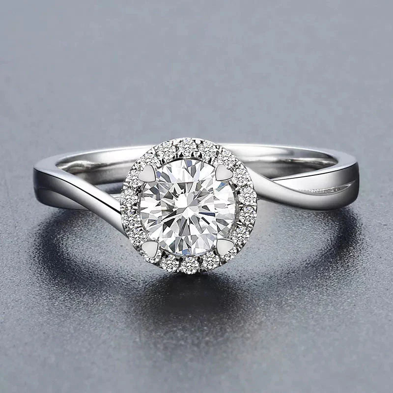 One Carat Round Cut Lab Created Diamond Heart Shape Prong Halo Engagement Ring in 18 Karat White Gold - Boutique Pavè