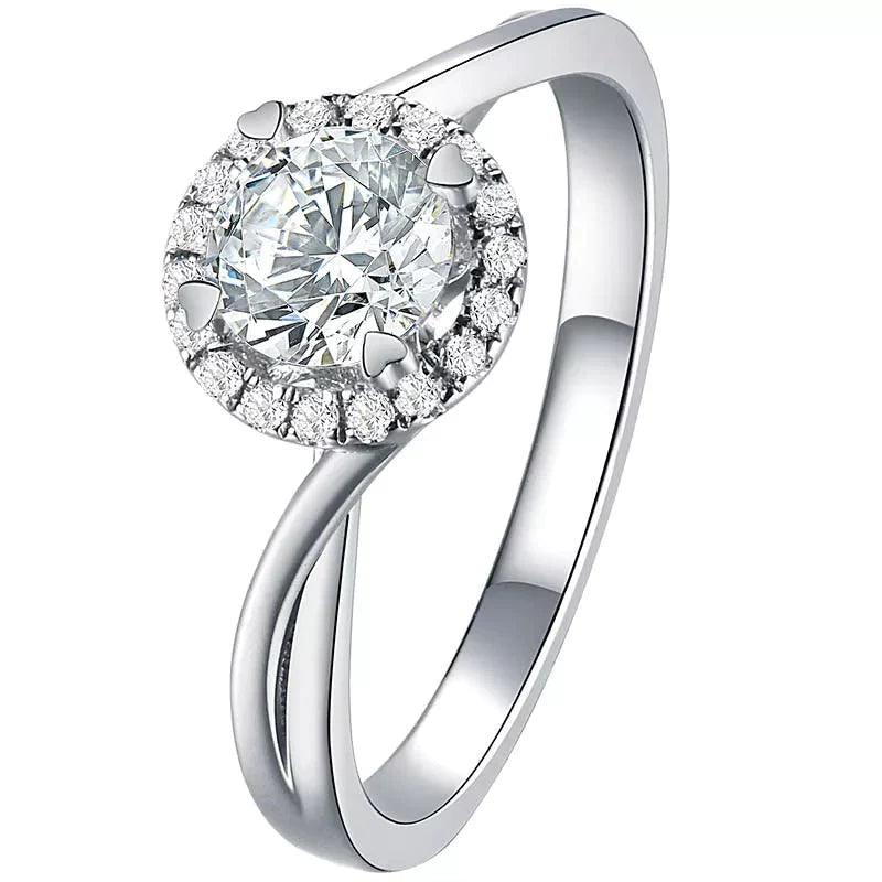 One Carat Round Cut Lab Created Diamond Heart Shape Prong Halo Engagement Ring in 18 Karat White Gold - Boutique Pavè