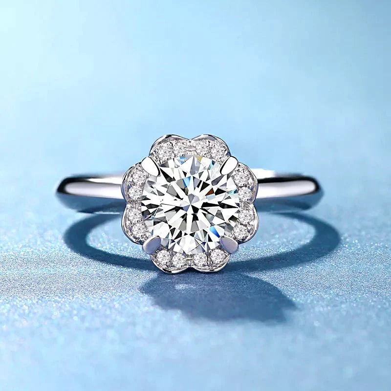 One Carat Round Cut Lab Created Diamond Pave Hearts Halo Engagement Ring in 18 Karat White Gold - Boutique Pavè