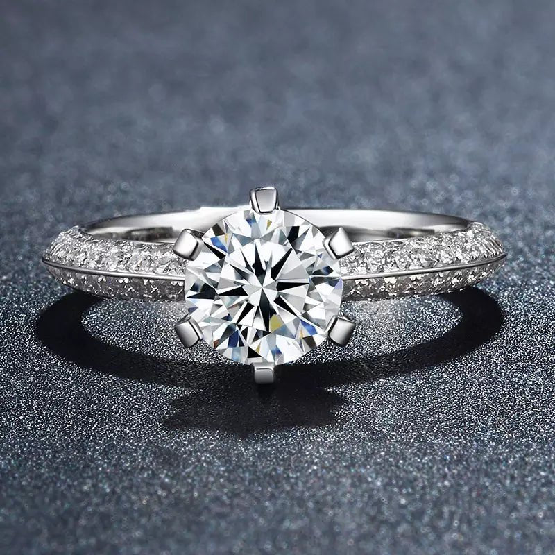 One Carat Round Cut Lab Created Diamond Pave Solitaire Engagement Ring in 18 Karat White Gold - Boutique Pavè