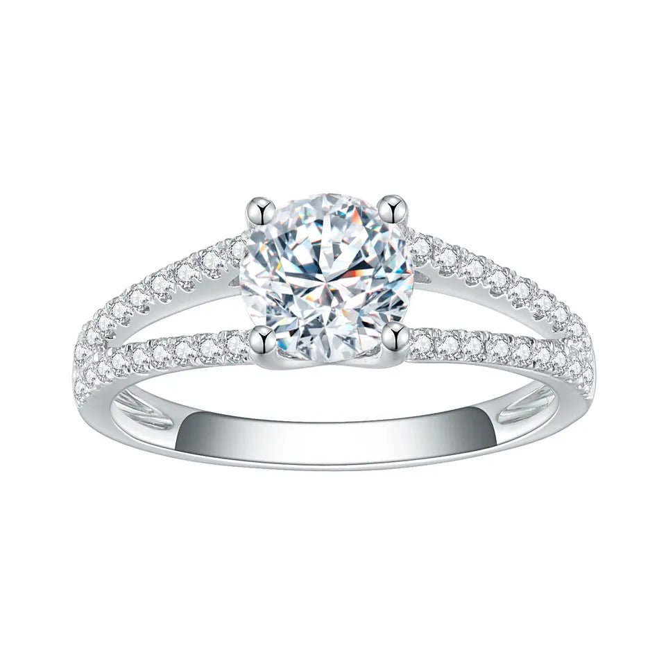 One Carat Round Cut Lab Created Diamond Split Shank Engagement Ring in 18 Karat White Gold - Boutique Pavè