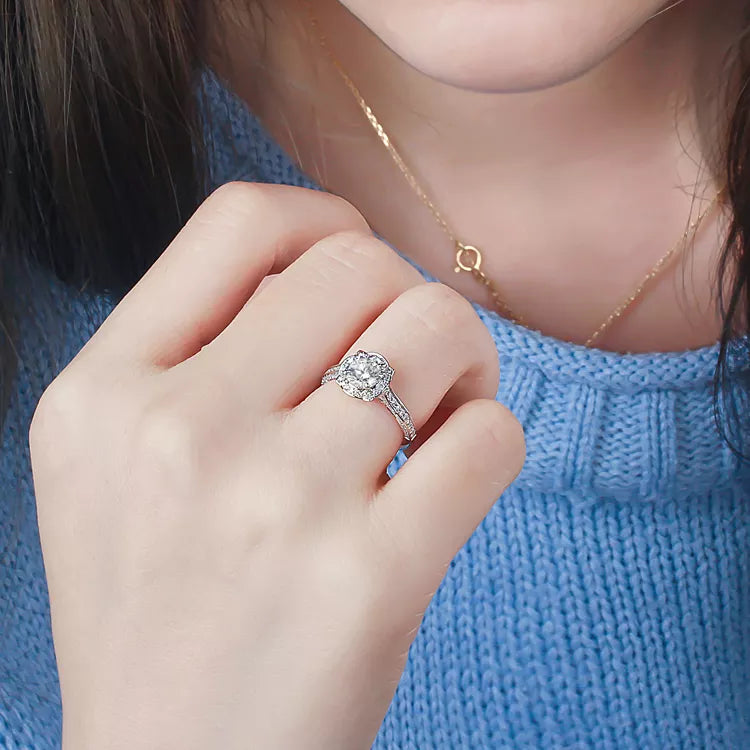 One Carat Brilliant Round Cut Lab Created Diamond Vintage Halo Engagement Ring in 18 Karat White Gold
