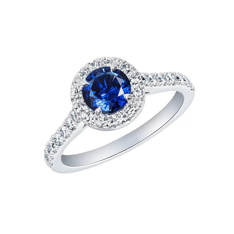 One Carat Round Cut Lab Created Sapphire and Moissanite Halo Engagement Ring in 14 Karat White Gold - Boutique Pavè