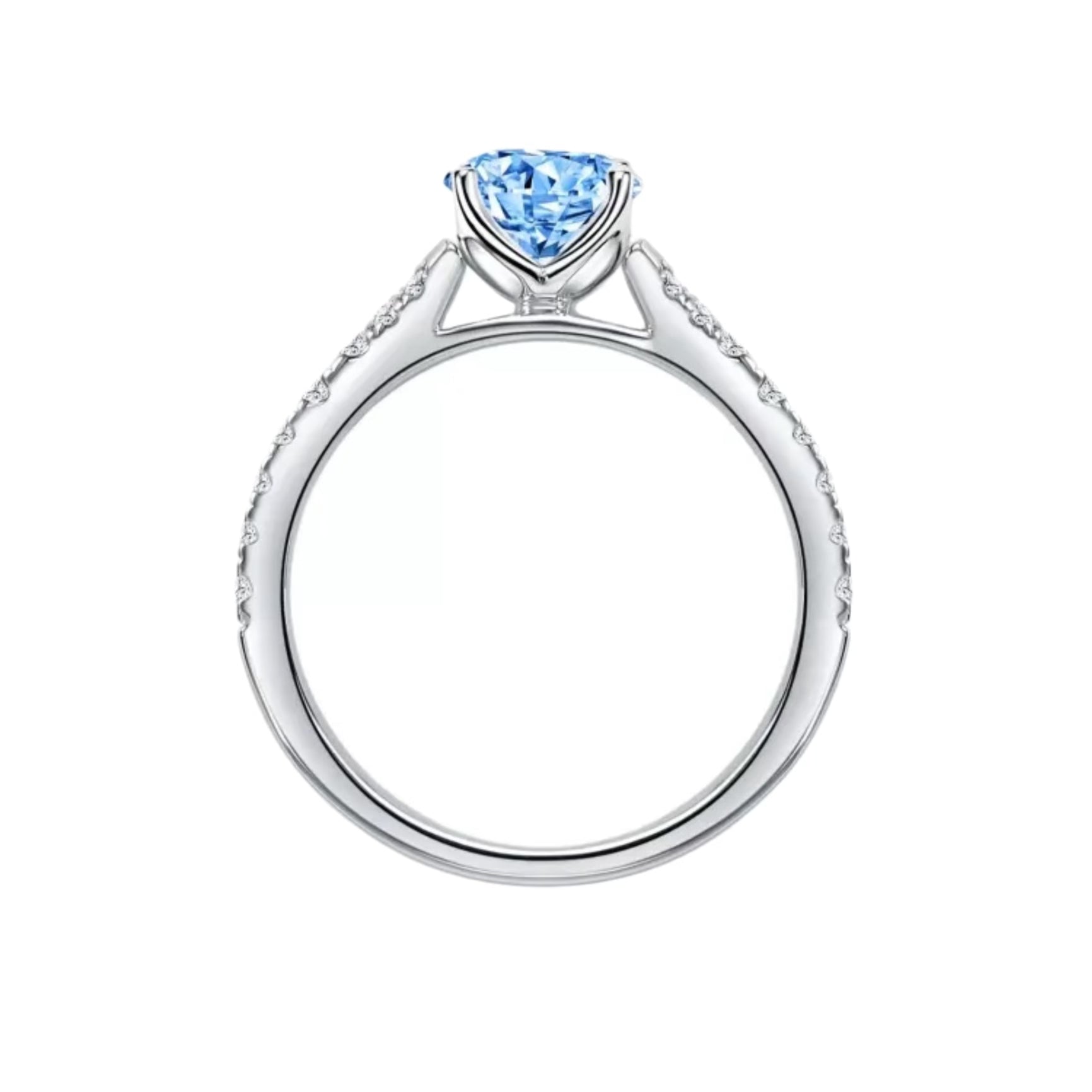 1 Carat Round Cut Lab Created Blue Diamond Pave Solitaire Split Shank Engagement Ring in 18 Karat White Gold - Boutique Pavè