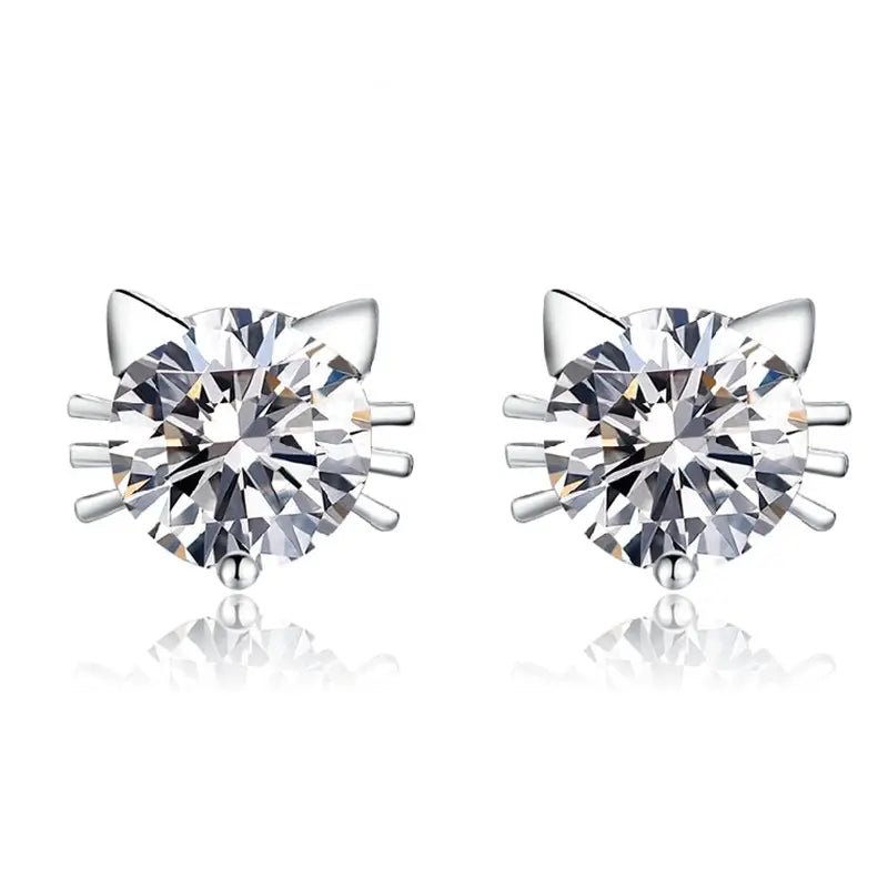 One Half Carat Round Cut Cubic Zirconia Cat Face Stud Earrings in Sterling Silver - Boutique Pavè