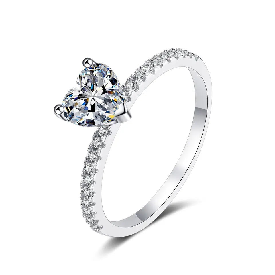 One or Two Carat Brilliant Heart Cut Moissanite Pave Solitaire Engagement Ring in Platinum Plated Sterling Silver - Boutique Pavè