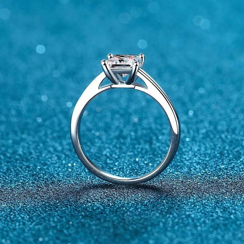 One or Two Carat Brilliant Princess Cut Moissanite Solitaire Engagement Ring in Platinum Plated Sterling Silver - Boutique Pavè