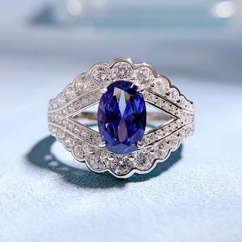 Oval Cut Blue Sapphire Cubic Zirconia Vintage Engagement Ring in Platinum Plated Sterling Silver - Boutique Pavè