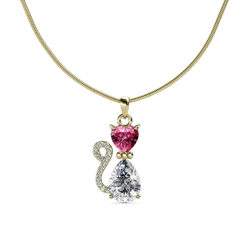 Pear Cut Pink and Clear Austrian Crystal Cat Pendant in Yellow, Rose, or White Gold Plated Sterling Silver - Boutique Pavè