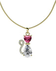 Pear Cut Pink and Clear Austrian Crystal Cat Pendant in Yellow, Rose, or White Gold Plated Sterling Silver - Boutique Pavè