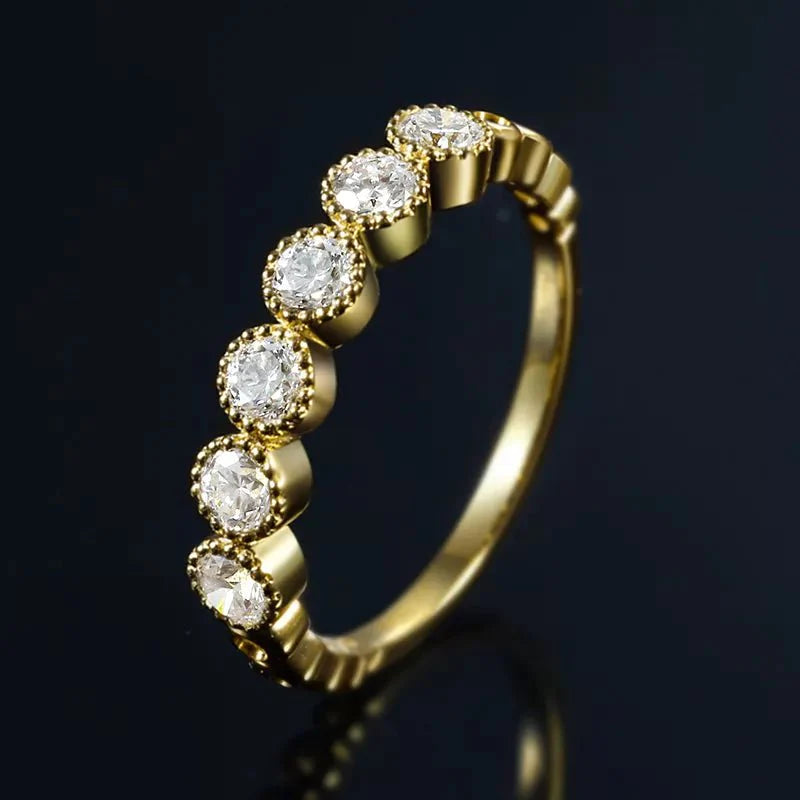 Petite Round Cut Lab Created Diamond Six Stone Anniversary Ring in 18 Karat Yellow Gold - Boutique Pavè