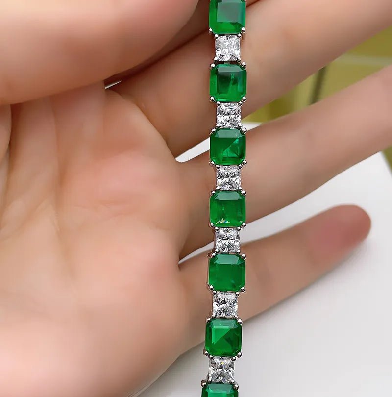 Princess Cut Emerald Green and Clear Cubic Zirconia Statement Tennis Bracelet in Platinum-Plated Sterling Silver - Boutique Pavè