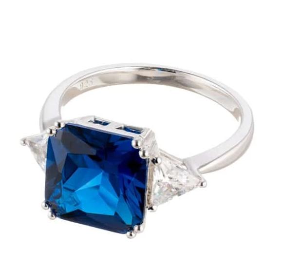 Princess Cut Imitation Sapphire Cubic Zirconia Engagement Ring In Sterling Silver - Boutique Pavè