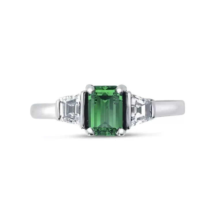 Princess Cut Lab Created Emerald and Round Moissanite Accent Engagement Ring in 18 Karat Gold - Boutique Pavè