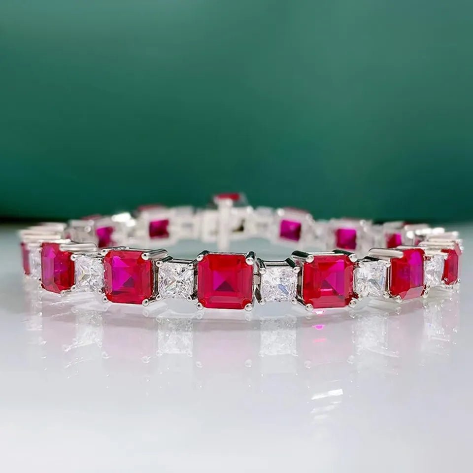Princess Cut Ruby Red and Clear Cubic Zirconia Statement Tennis Bracelet in Platinum-Plated Sterling Silver - Boutique Pavè