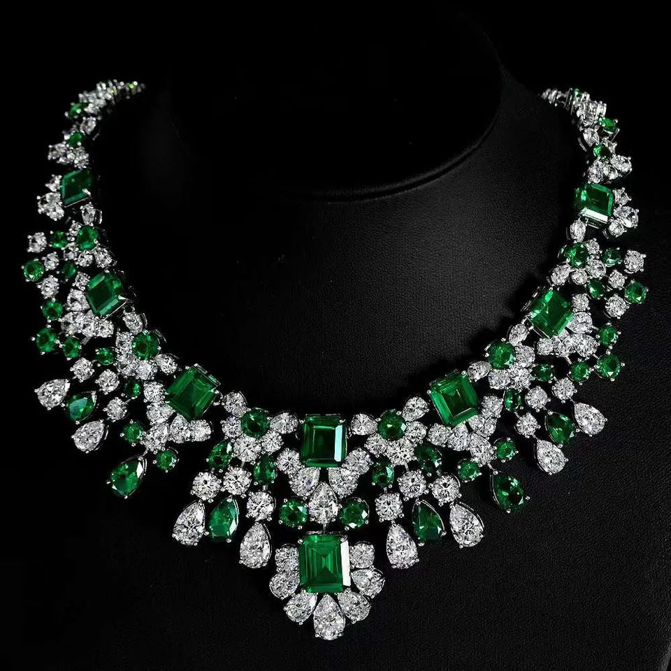 Princess Inspired Imitation Emerald and Cubic Zirconia Fancy Statement Necklace in Platinum-Plated Sterling Silver - Boutique Pavè