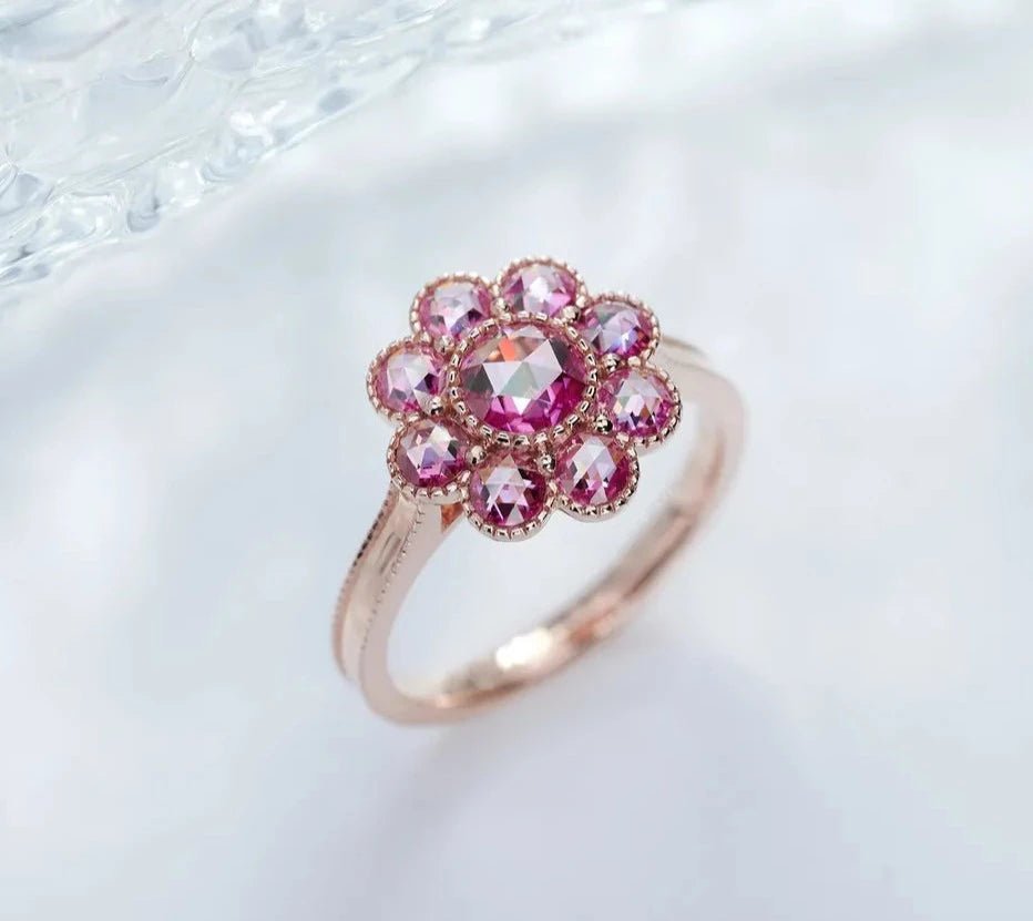 Rose Cut Fancy Pink Moissanite Flower Design Engagement Ring in 18 Karat Rose Gold - Boutique Pavè
