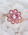 Rose Cut Fancy Pink Moissanite Flower Design Engagement Ring in 18 Karat Rose Gold - Boutique Pavè