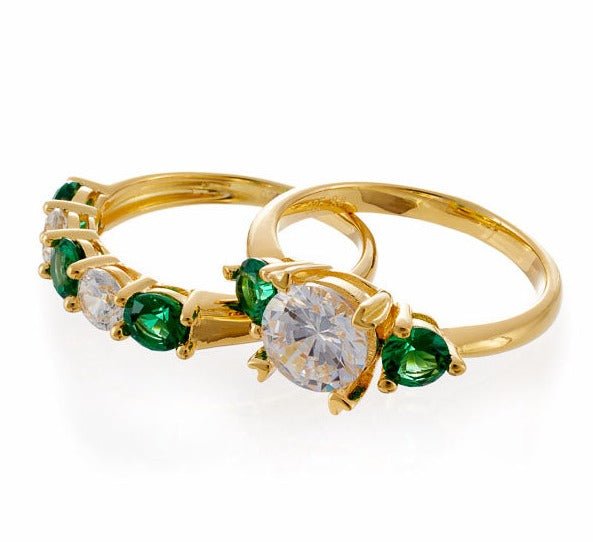 Round and Emerald Accent Cubic Zirconia Three Stone Bridal Ring Set - Yellow Gold Plated Sterling Silver - Boutique Pavè