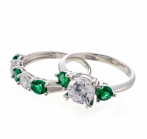 Round and Emerald Green Accent Cubic Zirconia Three Stone Bridal Set - White Gold Plated Sterling Silver - Boutique Pavè