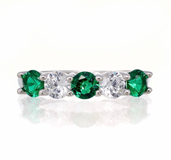 Round and Emerald Green Cubic Zirconia 5 Stone Anniversary Band - White Gold Plated Sterling Silver - Boutique Pavè