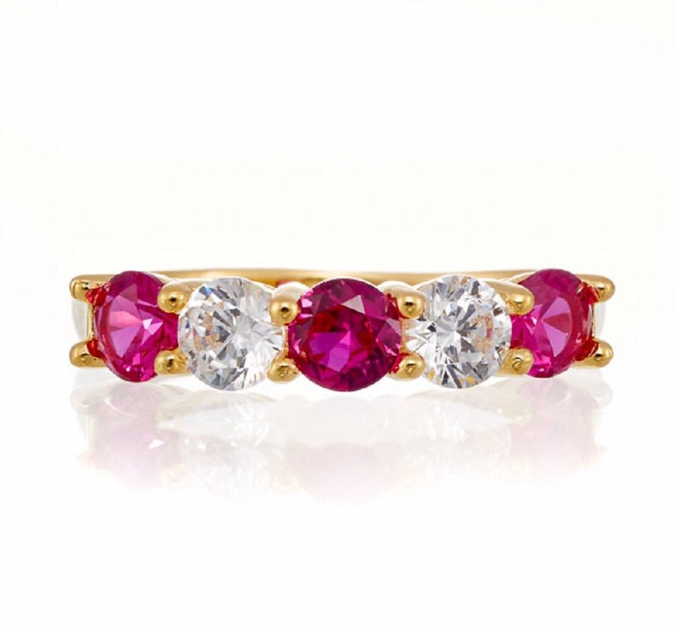Round and Ruby Red Cubic Zirconia 5 Stone Anniversary Band - Yellow Gold Plated Sterling Silver - Boutique Pavè