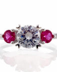 Round and Ruby Three Stone Cubic Zirconia Engagement Ring - White Gold Plated Sterling Silver - Boutique Pavè
