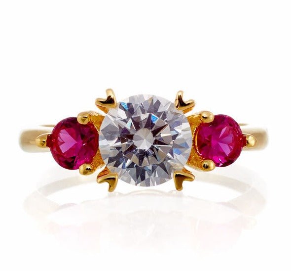 Round and Ruby Three Stone Cubic Zirconia Engagement Ring - Yellow Gold Plated Sterling Silver - Boutique Pavè