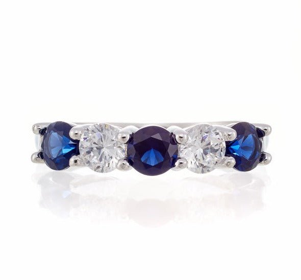 Round and Sapphire Blue Cubic Zirconia 5 Stone Anniversary Band - White Gold Plated Sterling Silver - Boutique Pavè
