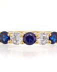 Round and Sapphire Blue Cubic Zirconia 5 Stone Anniversary Band - Yellow Gold Plated Sterling Silver - Boutique Pavè