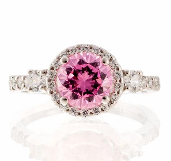 Round Pink Cubic Zirconia Halo Engagement Ring In Sterling Silver - Boutique Pavè