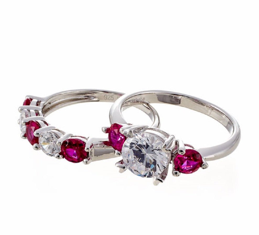 Round Ruby Accent Cubic Zirconia Three Stone Bridal Ring Set - White Gold Plated Sterling Silver - Boutique Pavè