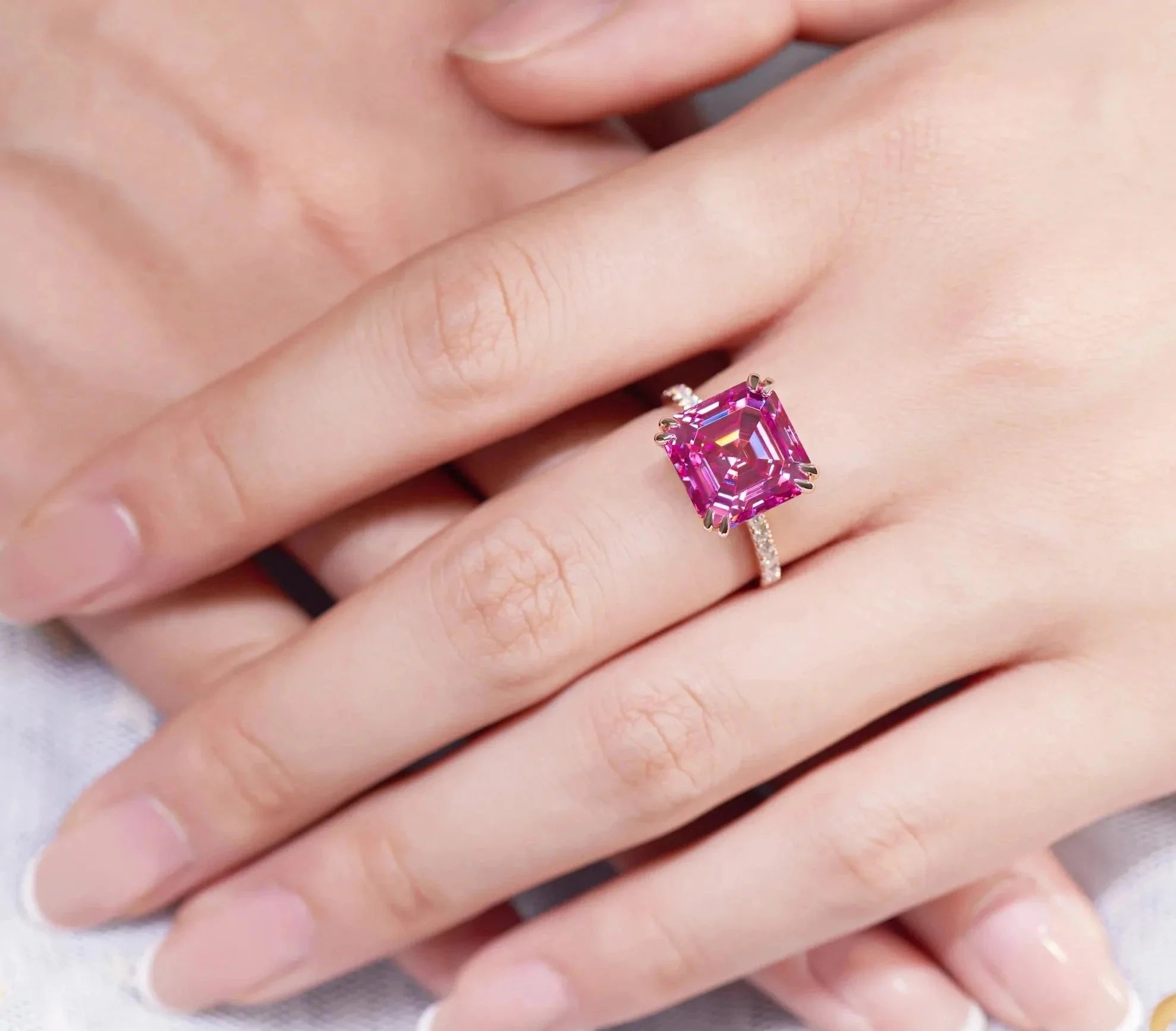 Seven Carat Asscher Cut Fancy Pink Moissanite Pave Solitaire Engagement Ring in 18 Karat Rose Gold - Boutique Pavè