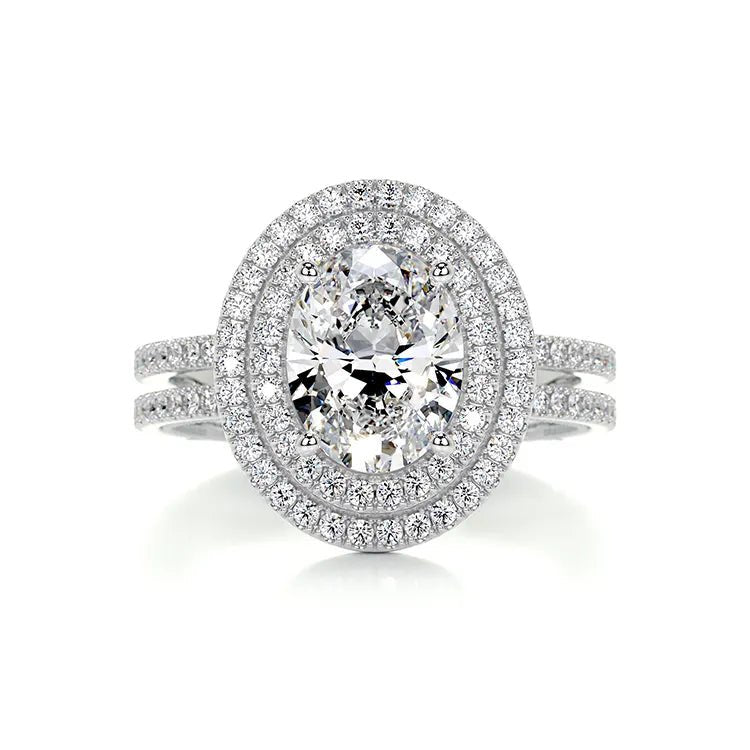 Three Carat Brilliant Oval Cut Moissanite Double Halo Engagement Ring in Platinum - Boutique Pavè
