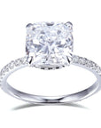 Three Carat Cushion Cut Lab Created Diamond Pave Solitaire Hidden Halo Engagement Ring in 18 Karat Gold - Boutique Pavè