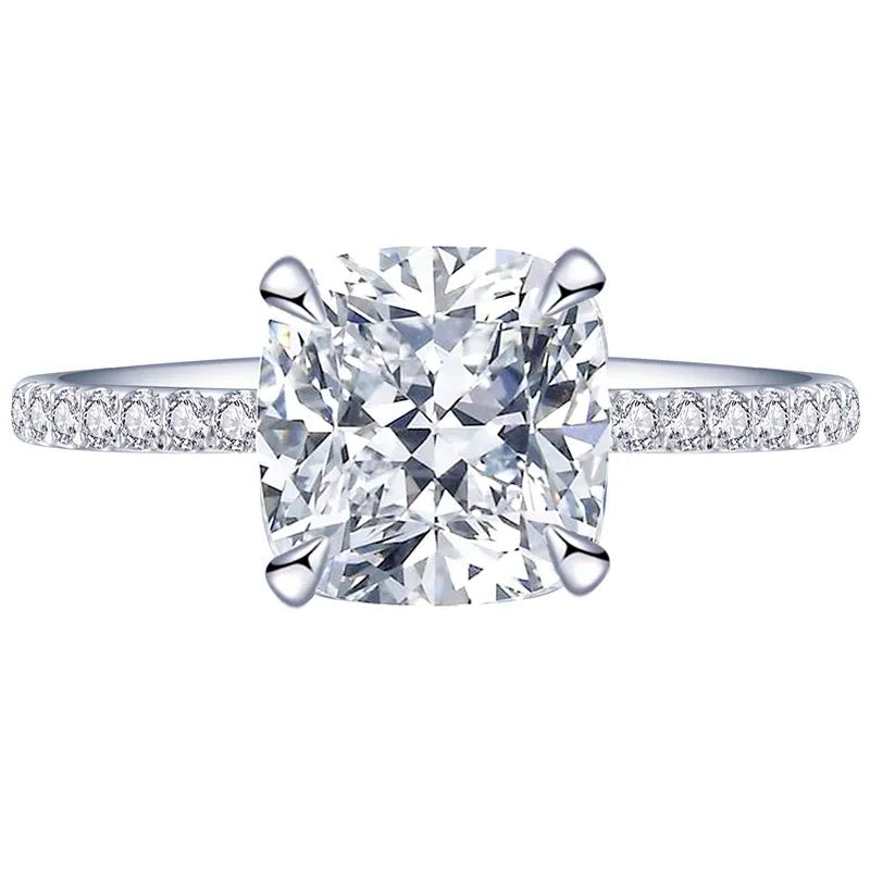 Three Carat Cushion Cut Lab Created Diamond Pave Solitaire Hidden Halo Engagement Ring in 18 Karat Gold - Boutique Pavè