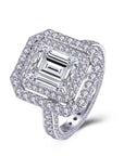 Three Carat Emerald Cut Lab Created Diamond Double Halo Engagement Ring in 14 Karat Gold - Boutique Pavè
