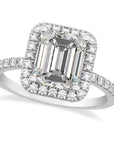Three Carat Emerald Cut Moissanite Halo Engagement Ring in 18 Karat White Gold - Boutique Pavè