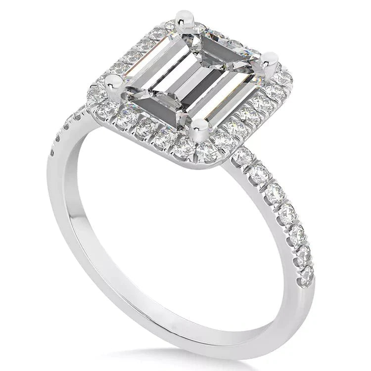 Three Carat Emerald Cut Moissanite Halo Engagement Ring in 18 Karat White Gold - Boutique Pavè