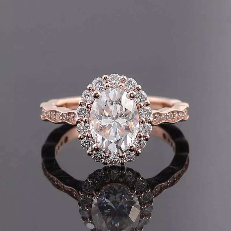 Three Carat Oval Cut Lab Created Diamond Vintage Engagement Ring in 14 Karat Rose Gold - Boutique Pavè