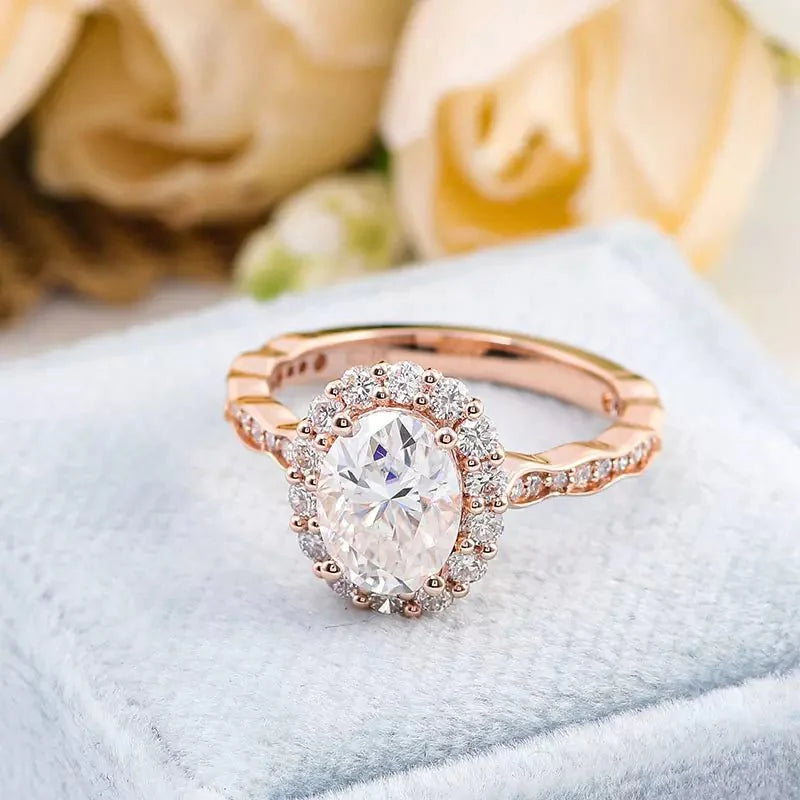 Three Carat Oval Cut Lab Created Diamond Vintage Engagement Ring in 14 Karat Rose Gold - Boutique Pavè