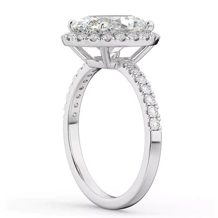 Three Carat Oval Cut Moissanite Halo Engagement Ring in 18 Karat White Gold - Boutique Pavè