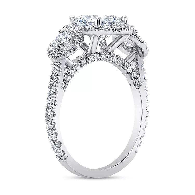 Three Carat Round Cut Moissanite Three Stone Halo Engagement Ring in 18 Karat White Gold - Boutique Pavè
