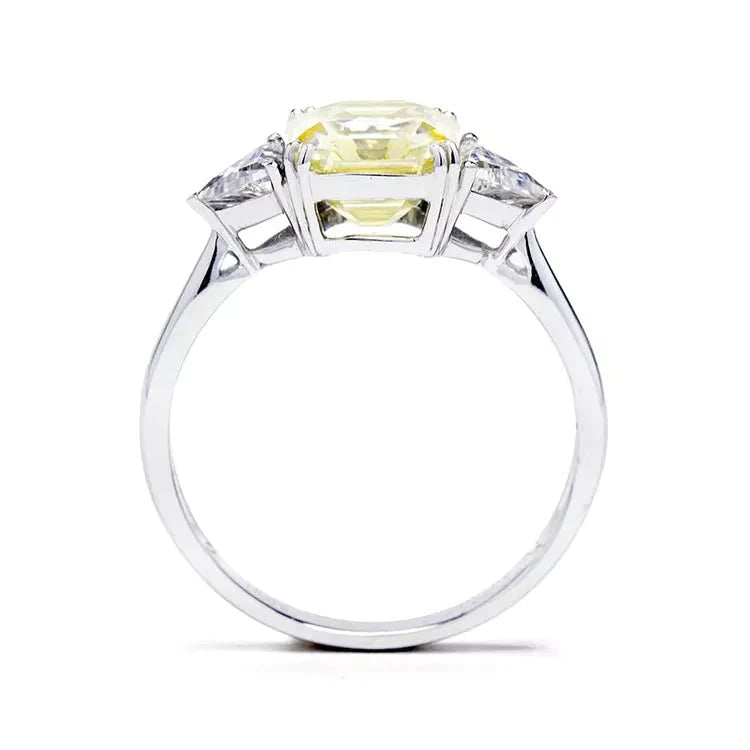 Two Carat Asscher Cut Canary Yellow Moissanite Three Stone Engagement Ring in 18 Karat White Gold - Boutique Pavè