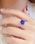Two Carat Asscher Cut Lab Created Sapphire and CZ Engagement Ring in White Gold Plated Sterling Silver - Boutique Pavè