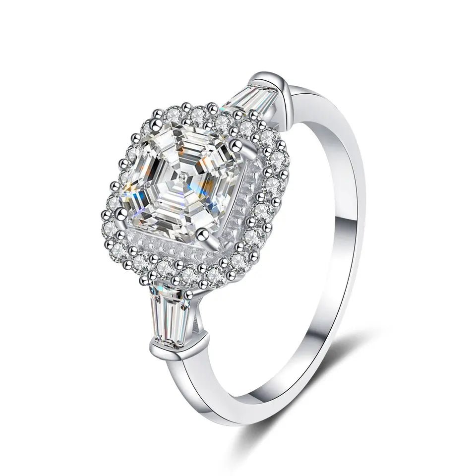 Two Carat Brilliant Asscher Cut Moissanite Halo Engagement Ring in Platinum Plated Sterling Silver - Boutique Pavè