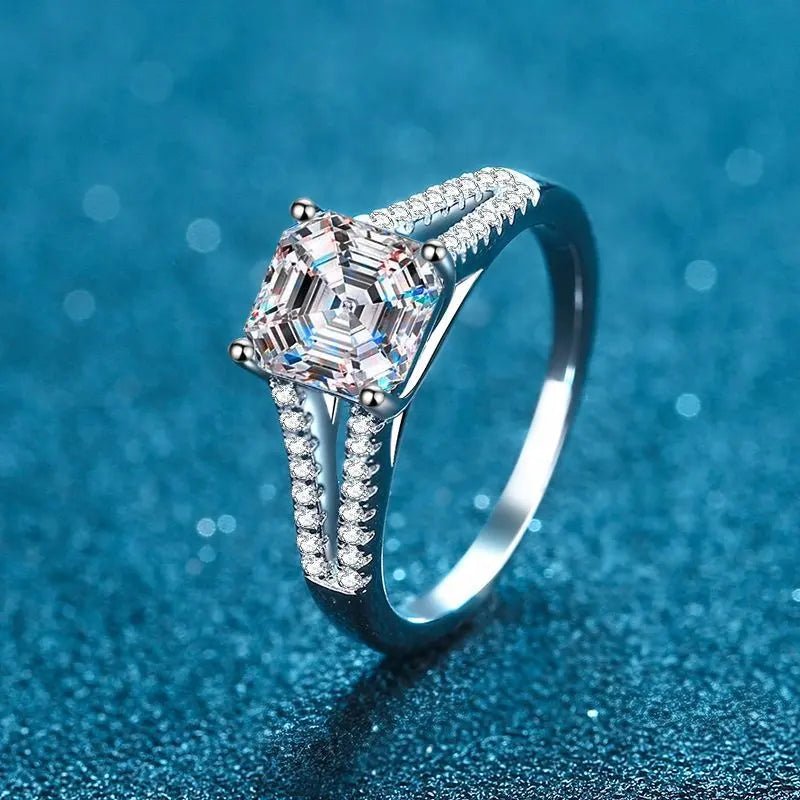 Two Carat Brilliant Asscher Cut Moissanite Split Pave Solitaire Engagement Ring in Platinum Plated Sterling Silver - Boutique Pavè