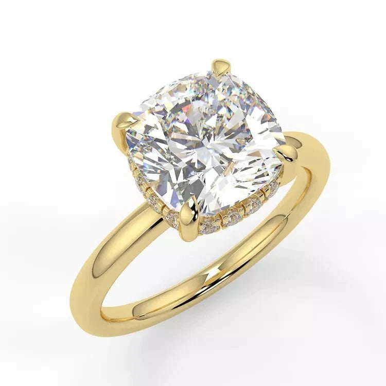 Two Carat Brilliant Cushion Cut Moissanite Solitaire Engagement Ring in 14 Karat Yellow Gold - Boutique Pavè