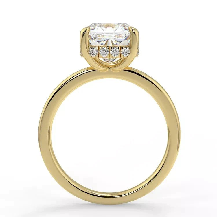 Two Carat Brilliant Cushion Cut Moissanite Solitaire Engagement Ring in 14 Karat Yellow Gold - Boutique Pavè