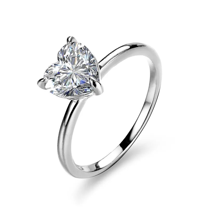 Two Carat Brilliant Heart Cut Moissanite Solitaire Engagement Ring in Platinum Plated Sterling Silver - Boutique Pavè